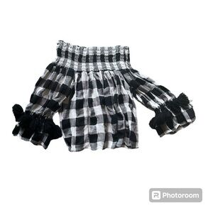Misa Los Angeles black & white plaid off the shoulder blouse with fringe tassels